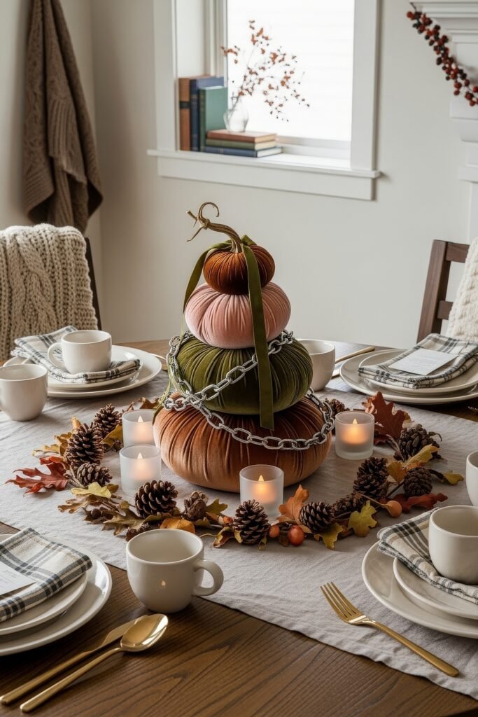 Modern, Cozy Ideas for Fall Thanksgiving Décor 4 A rustic dining table centerpiece featuring stacked fabric pumpkins, pinecones, autumn leaves, and glowing candles for cozy Thanksgiving décor.