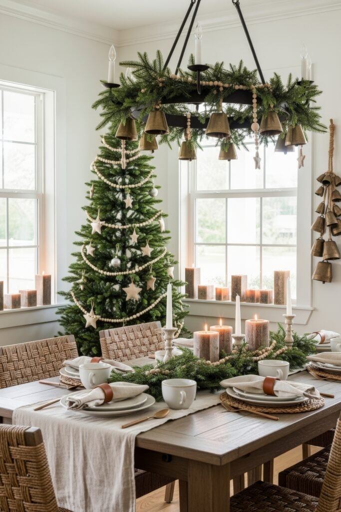Cozy Ways to Style Farmhouse Christmas Décor 4 Natural Christmas dining setup with wooden accents, beaded garlands, and star ornaments, featuring a tree, glowing candles, and a greenery chandelier with rustic bells.