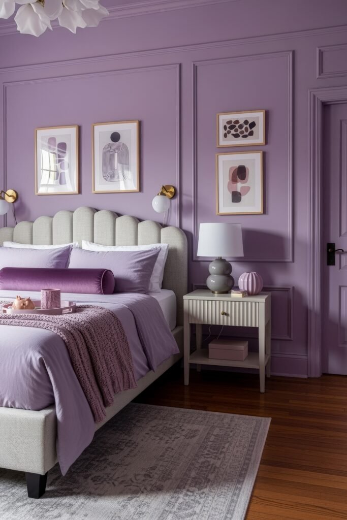 Fresh girls bedroom ideas for a stylish, cozy escape 4 Stylish bedroom with deep purple walls, abstract artwork, and a modern gray bed layered with lavender and plum bedding.