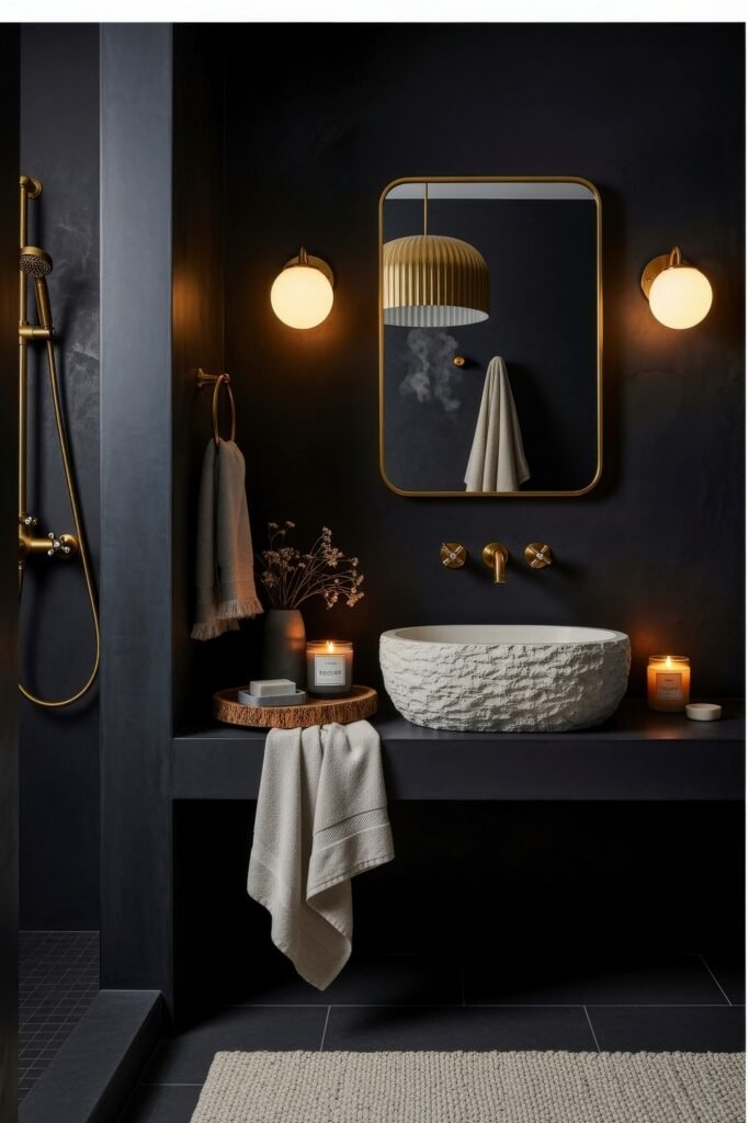 Bathroom Decor Inspo: Fresh Ideas for gold bathroom decor 4 Dark and moody bathroom design with a textured stone sink, gold fixtures, warm lighting, candles, and soft towels creating a spa-like atmosphere.