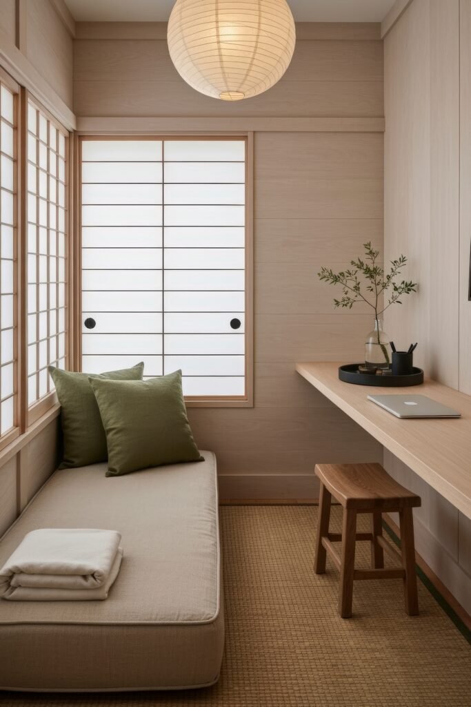 Clever Ways to Style a Home Office Guest Room Combo 4 Minimalist Japanese-inspired guest room and office combo with a low daybed, shoji screens, and a floating wood desk with a simple stool.