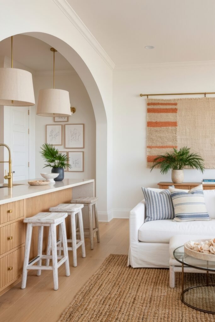 Smart Ways to Style a Kitchen and Living Room Combo 4 Bright coastal-inspired combo space with arched details, white and wood tones, woven textures, and a compact island with rustic bar stools beside a white slipcovered sofa and soft striped pillows.