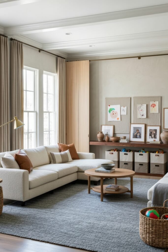 A Living Room Playroom Combo That Works 4 Cozy combo space with a sectional sofa, framed children’s artwork, toy storage bins, and a wooden coffee table.
