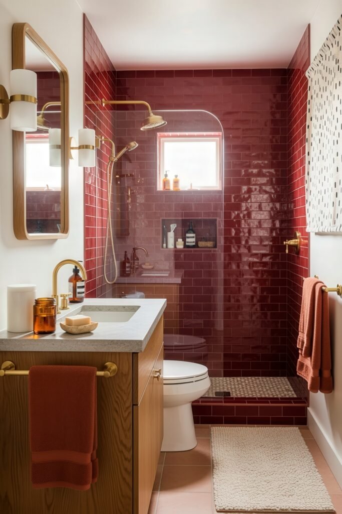 13 Bold Ideas for Red Bathroom Decor That Wow 3 Modern bathroom featuring red subway tiles, wood vanity, and brass fixtures, with warm-toned towels and amber glass accessories.