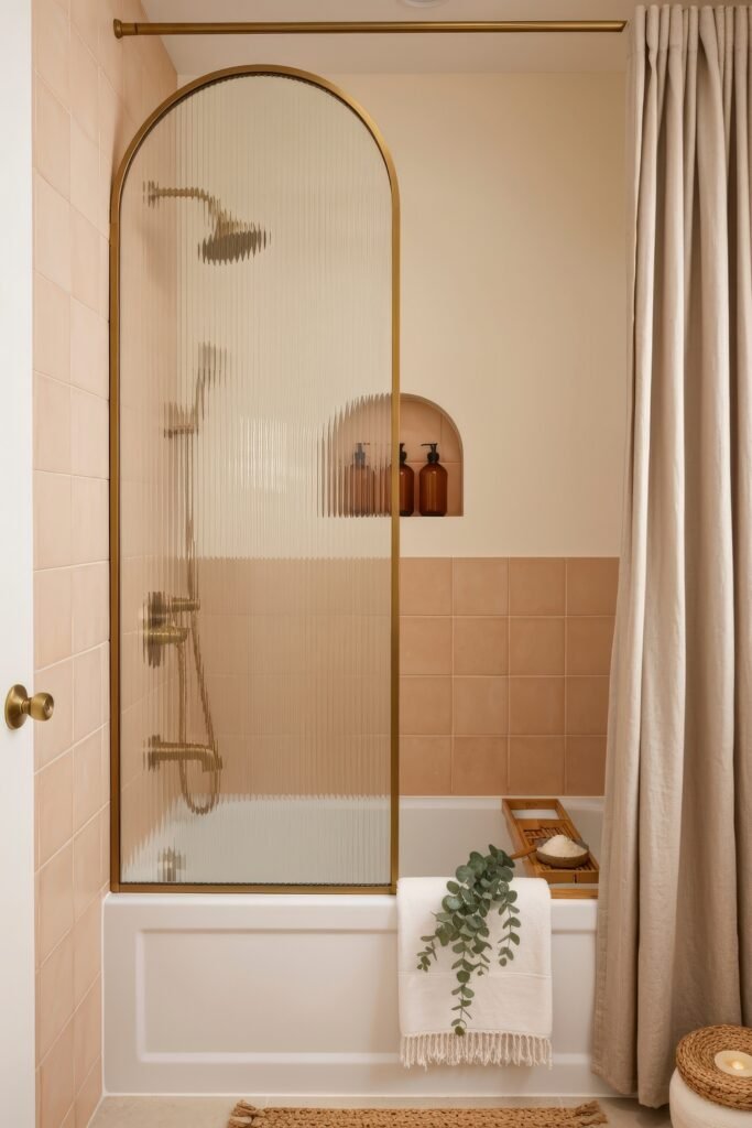 Fresh, Stylish Ways To Elevate Your Tub Shower Combo 4 Warm-toned bathroom with a tub shower combo, arched fluted glass screen, peach tiles, built-in niche with bottles, and a draped towel with greenery.