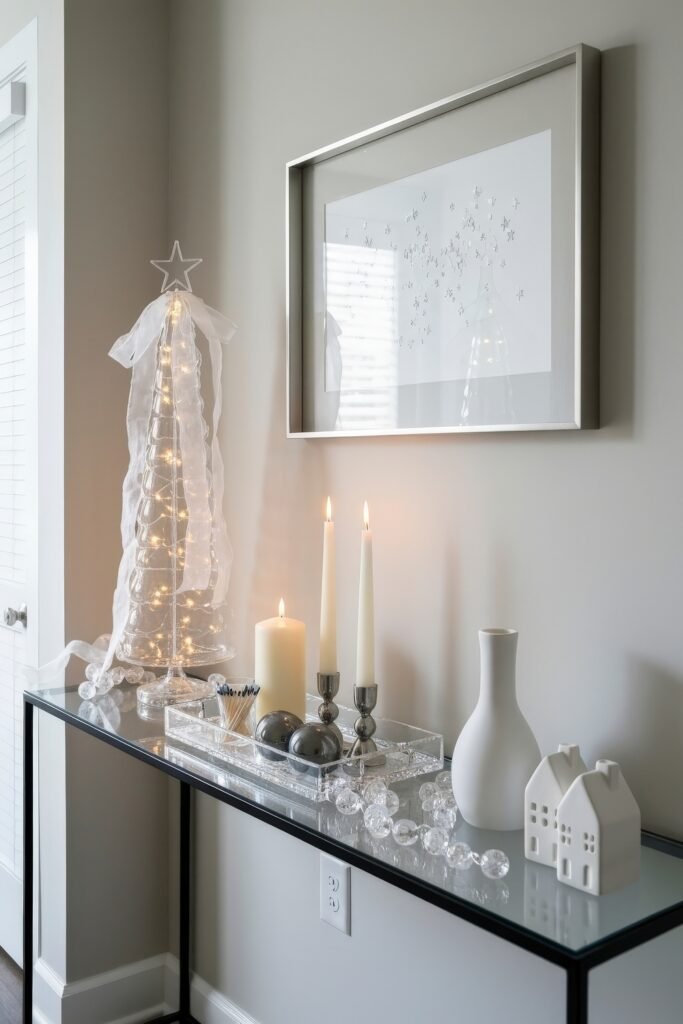 Minimalist console table decorated with a glowing wire Christmas tree, white candles, ceramic houses, and silver accents under framed wall art.