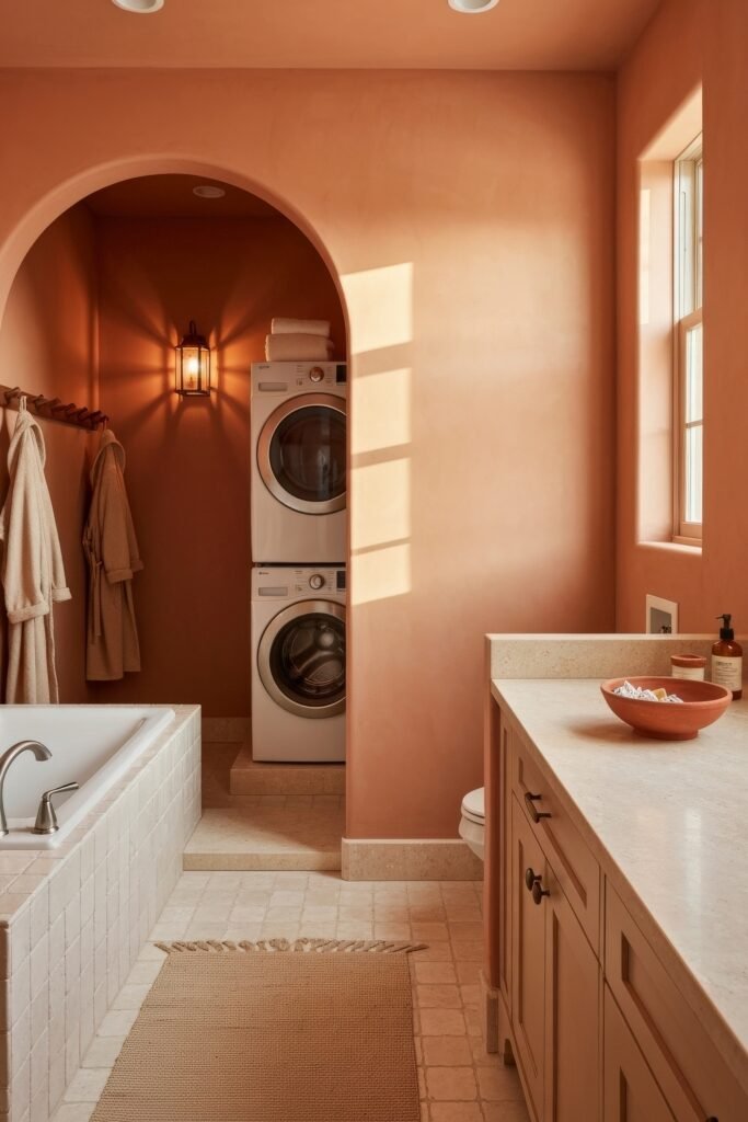 Stylish Small Spaces: Bathroom Laundry Combo 4 Cozy bathroom with peach walls and an arched alcove housing stacked washer and dryer units beside a soaking tub and vanity.