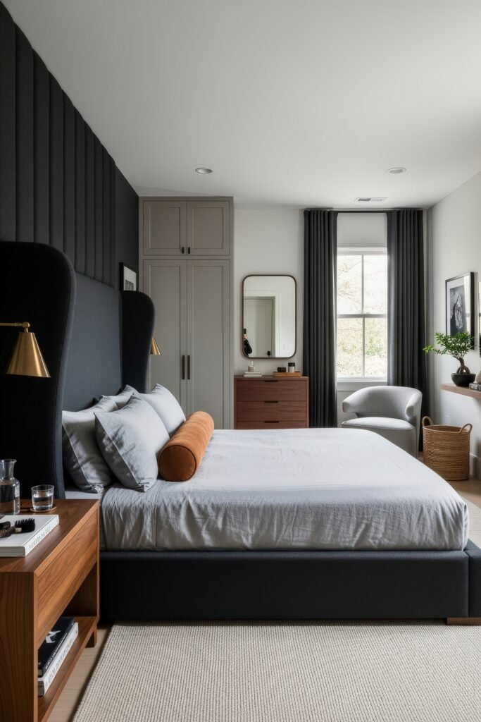 Effortlessly Stylish bedroom ideas for men That Feel Personal 5 Elegant bedroom design with a vertical black panel accent wall, burnt orange bolster pillow, and gray cabinetry, ideal for upscale bedroom ideas for men.