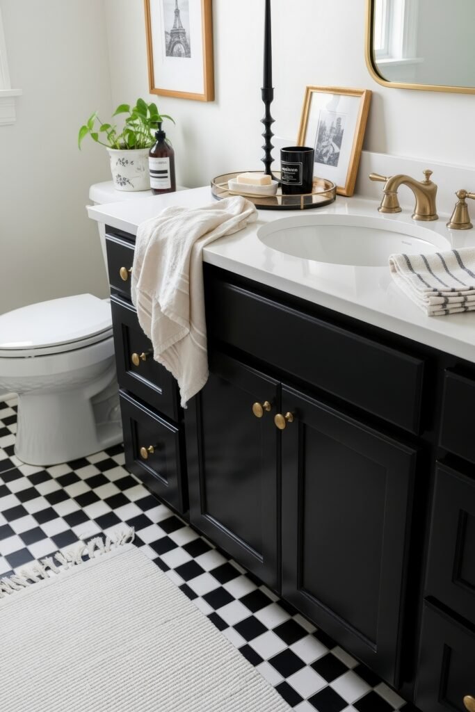Fresh Ideas for Black and White Bathroom Decor 5 Sophisticated bathroom with black cabinetry, checkerboard tile flooring, a white countertop, and decor elements like framed art, a plant, and a gold-accented soap tray.