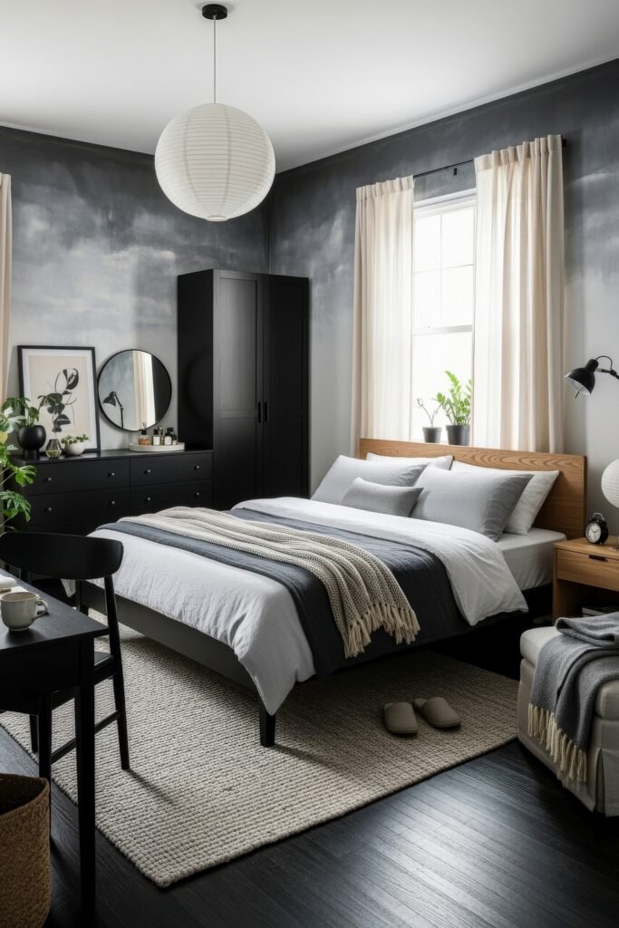 Stylish space with a wood-frame bed, layered gray and white bedding, textured throws, black furniture, and a round paper lantern pendant light.