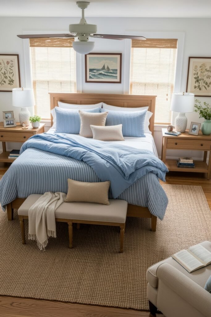 Fresh blue bedroom ideas for a calm, chic retreat 5 Coastal-inspired bedroom with striped blue bedding, beige accent pillows, woven textures, and nautical artwork above the bed.
