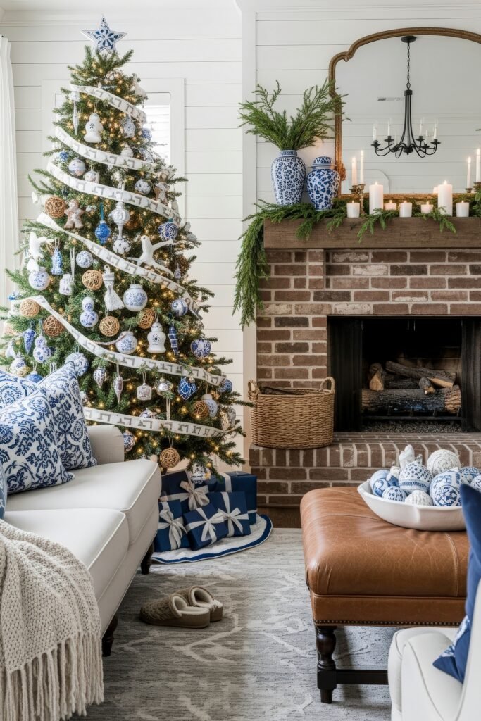 Cozy Holiday Magic With Blue Christmas Décor 5 Living room with a decorated Christmas tree featuring blue and white ornaments, woven balls, and white garland, set beside a rustic brick fireplace topped with greenery and candles.