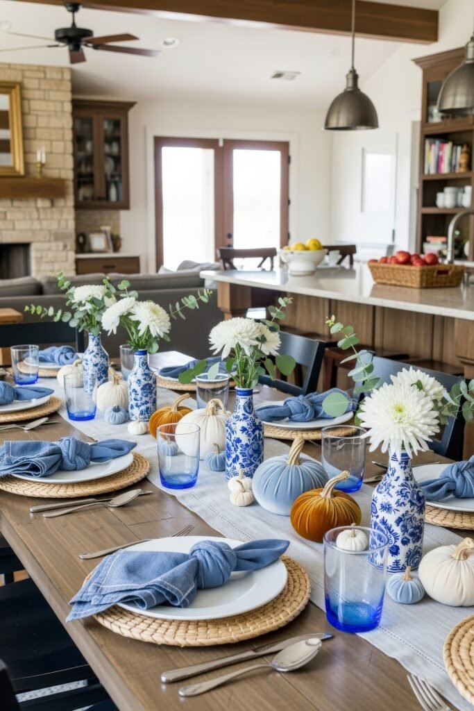Fresh Ways to Style Blue Thanksgiving Table Décor 5 A festive dining table with blue glassware, patterned vases of white flowers, fabric pumpkins, and rattan placemats.