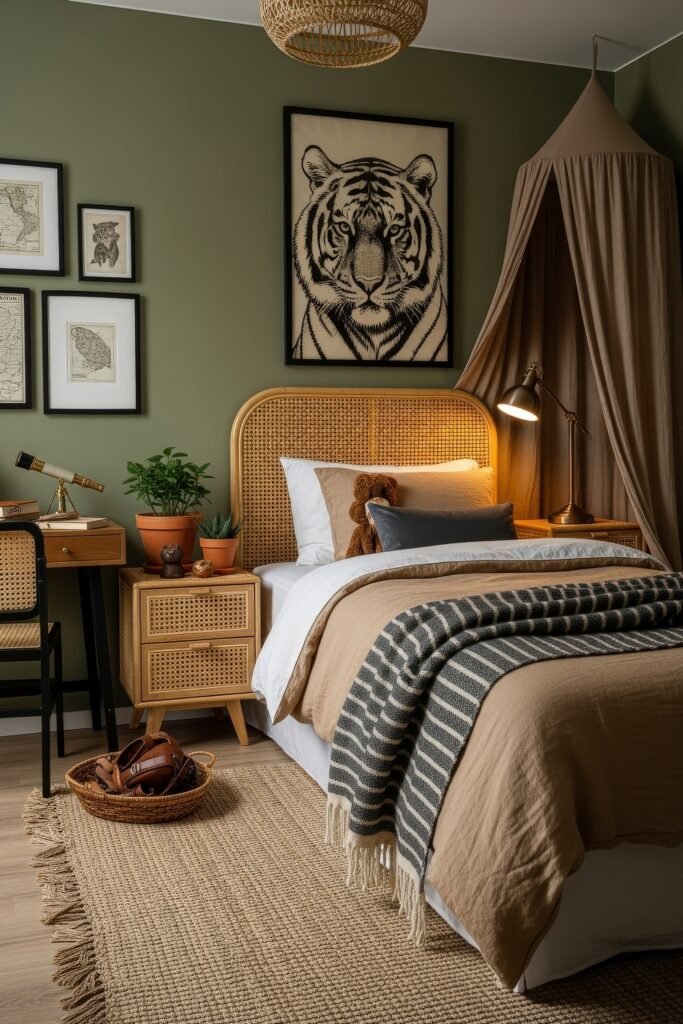 Breezy, Stylish Boys Bedroom Ideas for Modern Families 4 Jungle-themed kids bedroom with olive green walls, wicker furniture, a bold tiger wall hanging, and a mix of earthy textures and plants creating a calming, playful vibe.