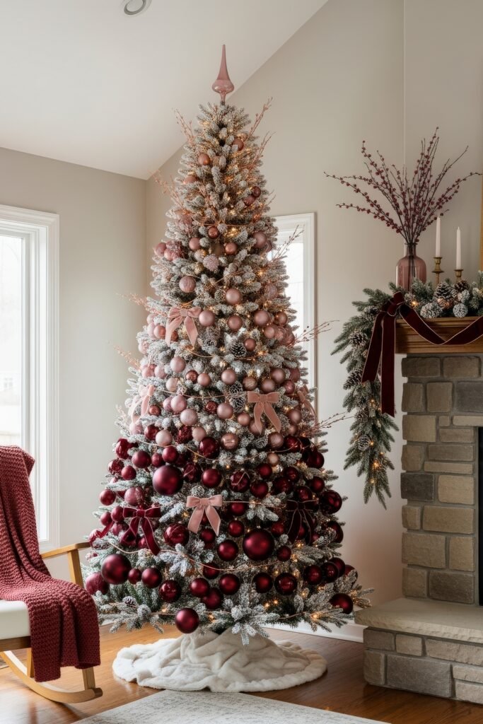 Cozy-Luxe Ideas for Burgundy Christmas Decor 4 Tall flocked Christmas tree decorated with burgundy and pink ornaments near a stone fireplace and festive mantel garland.