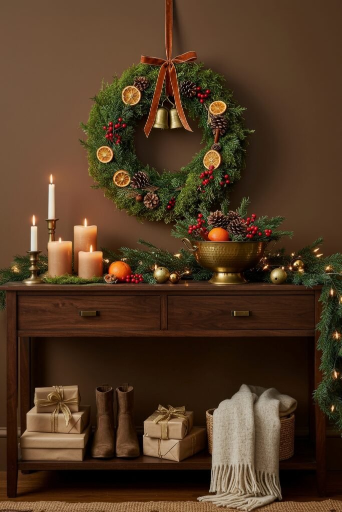 Cozy Christmas Décor for a christmas entryway 5 A dark wood console table styled with glowing candles, a brass bowl of fruit and pinecones, and a lush wreath above, creating a warm Cozy Christmas Décor look.