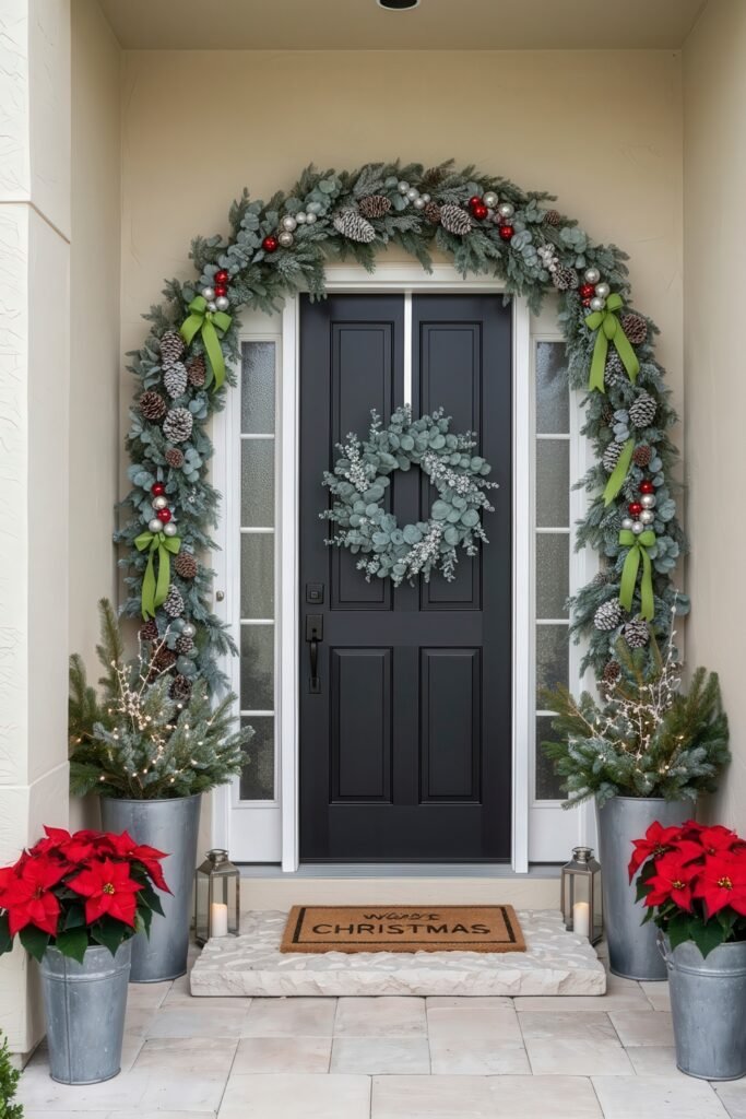 Cozy Entry Magic for christmas porch décor 5 Elegant porch with black door, frosted pine and eucalyptus garland decorated with ornaments and bows, eucalyptus wreath, poinsettias, and silver lanterns.