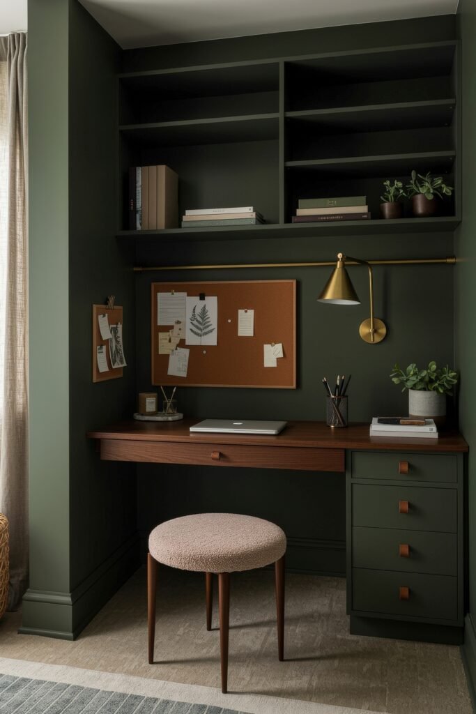 Closet Office (Cloffice) Ideas For A Chic, Calm Workspace 5 Olive green wall cloffice with open shelving, corkboard, and wood desk accented by brass lighting and potted plants.