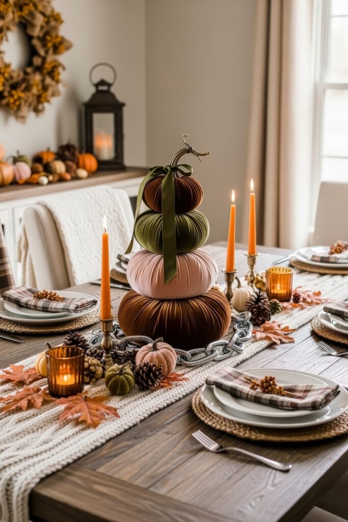 Modern, Cozy Ideas for Fall Thanksgiving Décor 5 A dining table centerpiece with stacked velvet pumpkins, pinecones, candles, and autumn accents, set for a warm fall Thanksgiving décor.