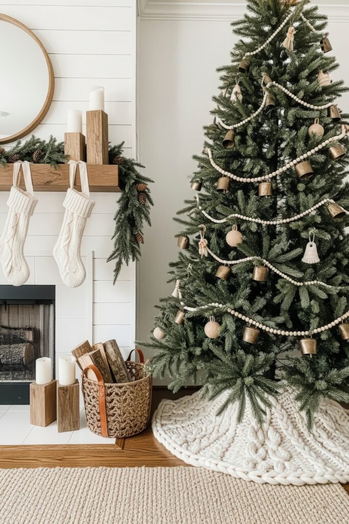 Cozy Ways to Style Farmhouse Christmas Décor 5 Farmhouse Christmas décor with a tree decorated in bells and wood bead garlands, styled beside a mantel with knit stockings, greenery, and candles.