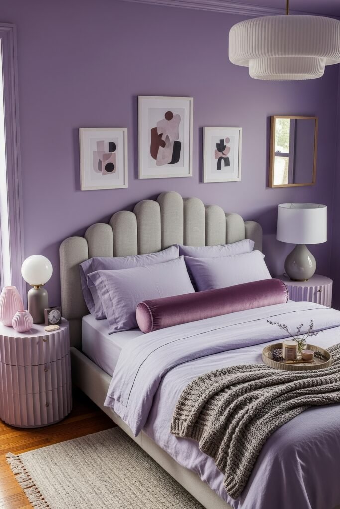 Fresh girls bedroom ideas for a stylish, cozy escape 5 Contemporary bedroom with lilac walls, a scalloped gray headboard, and lavender bedding accented with a plush velvet bolster pillow.