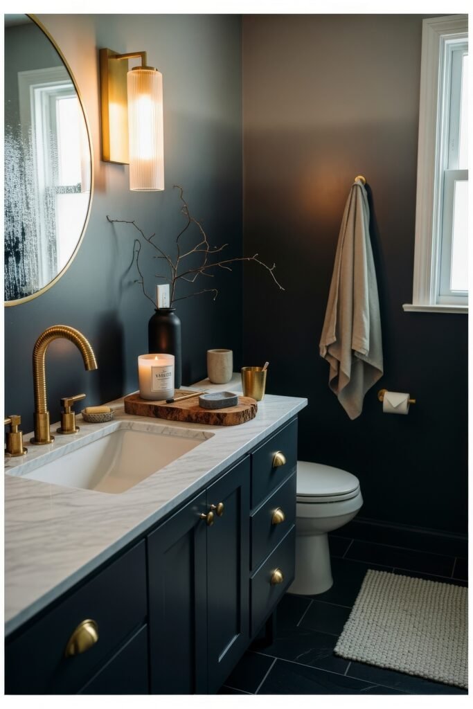 Bathroom Decor Inspo: Fresh Ideas for gold bathroom decor 5 Contemporary bathroom with navy cabinetry, marble countertop, gold faucet and hardware, round mirror, and candlelit accents for cozy bathroom decor.