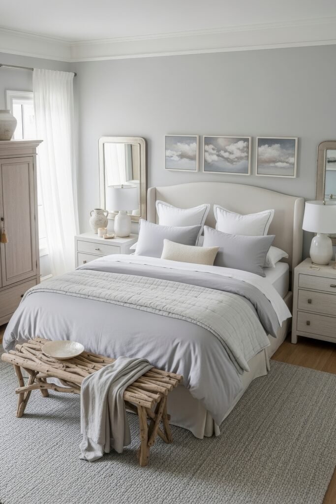 Grey bedroom ideas for a calm, stylish retreat 5 Cozy bedroom decorated in soft grey tones, featuring a curved headboard, rustic wooden bench, cloud artwork, and airy curtains.