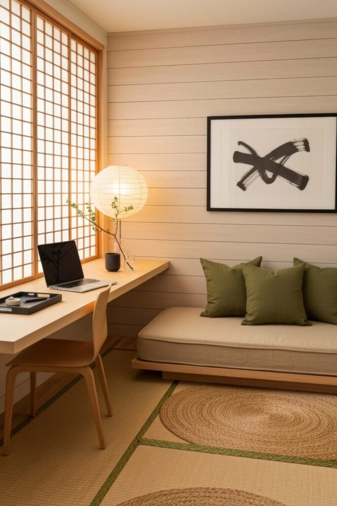 Clever Ways to Style a Home Office Guest Room Combo 5 Warm and modern Japanese-style combo space with a desk and laptop by shoji screens, a cushioned daybed with green pillows, and a glowing paper lantern.