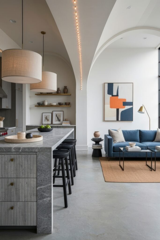 Smart Ways to Style a Kitchen and Living Room Combo 5 Sophisticated kitchen and living room combo with high arched ceilings, concrete floors, and a navy blue sofa, accented with abstract wall art, layered ceramics, and a long stone island with pendant lighting.