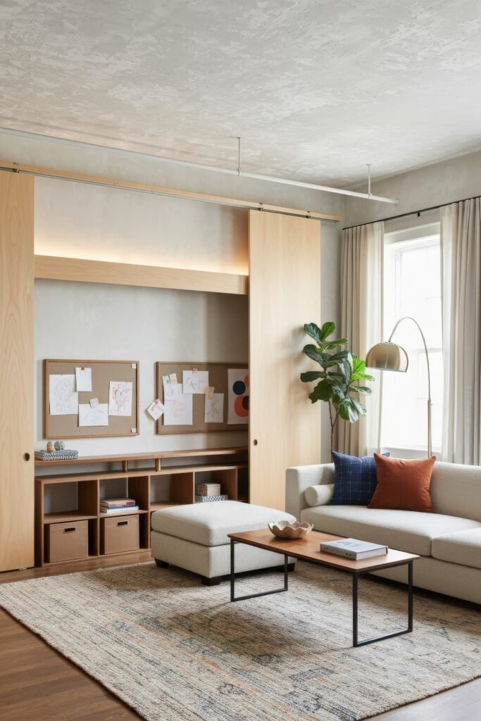 A Living Room Playroom Combo That Works 5 Neutral-toned living room with sliding wood doors revealing cubbies, cork boards with drawings, and a minimalist sofa with accent pillows.
