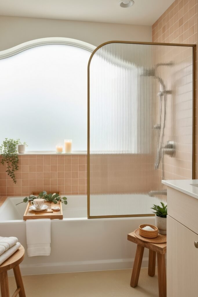 Fresh, Stylish Ways To Elevate Your Tub Shower Combo 5 Bright bathroom with pink tiled tub shower combo, fluted glass divider, frosted wave window, and wood accents with candles and plants for spa-like decor.