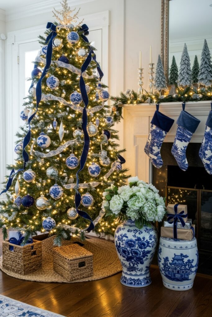 Cozy, Collected Magic With Vintage Christmas Decor Ideas 5 Festive tree decorated with blue and silver ornaments, velvet ribbon, and glowing lights, set beside blue patterned vases, wrapped presents, and stockings, blending cozy Christmas décor with elegance.