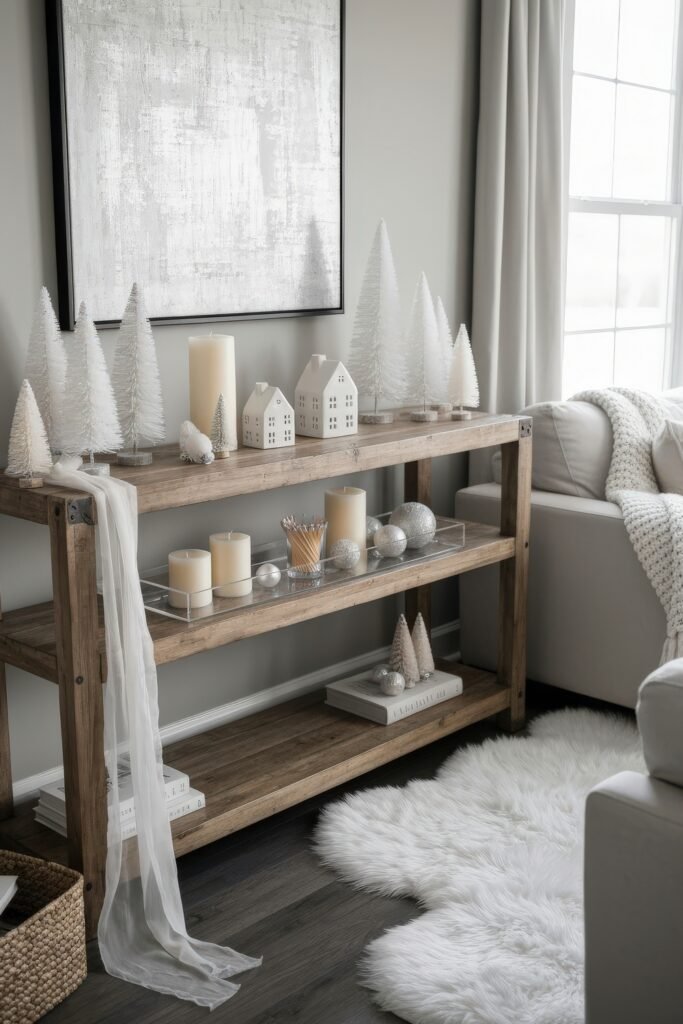 Rustic wooden shelving styled with white bottlebrush trees, candles, miniature houses, silver ornaments, and soft textures for a cozy Christmas décor look.