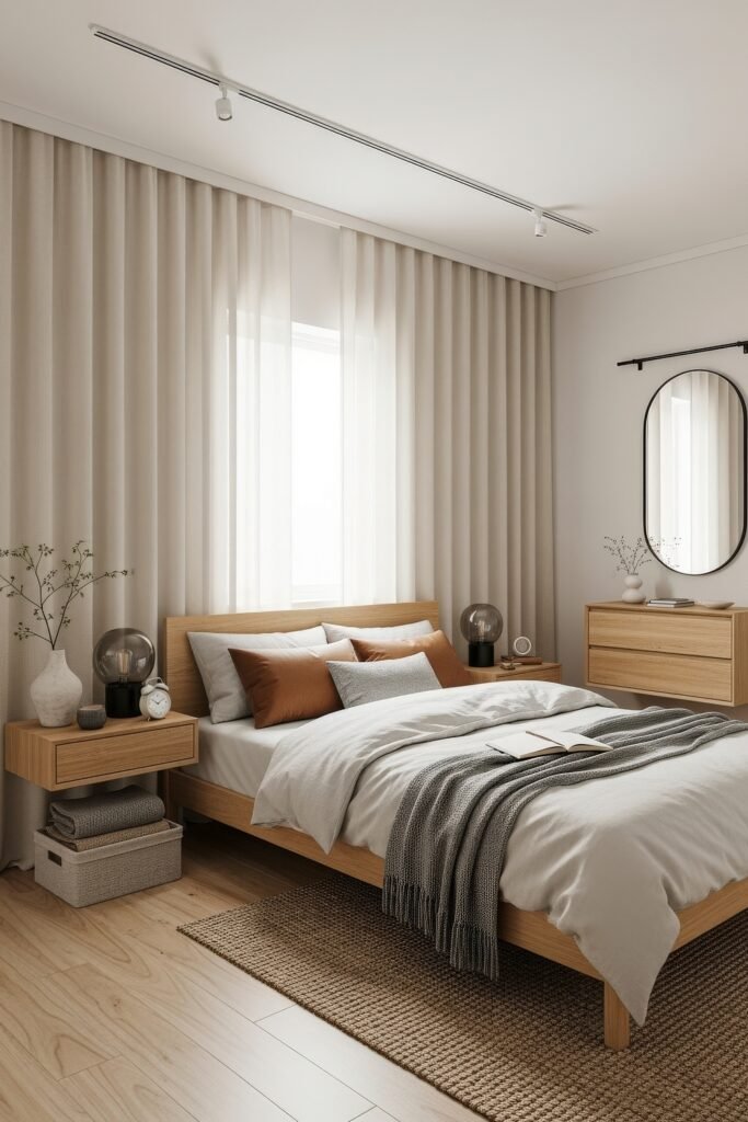 Contemporary bedroom featuring a low wood bed, earthy pillows, neutral curtains, and sleek floating nightstands.