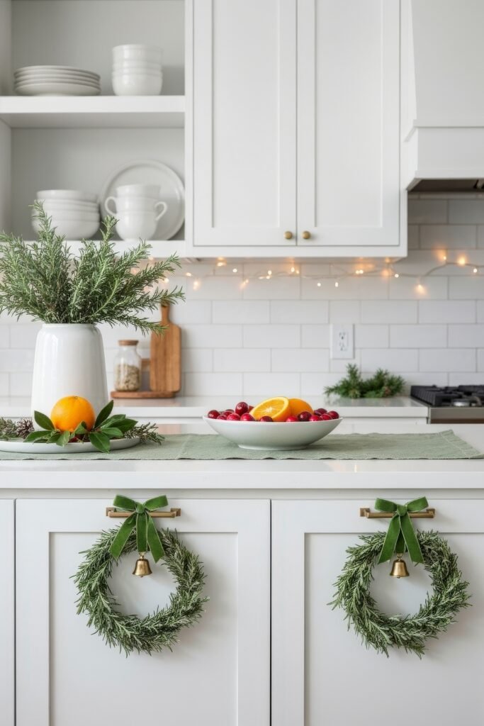 Cozy Ways to Style a Christmas Kitchen That Feels Magical 3 Minimalist kitchen with white cabinetry, twinkling fairy lights, rosemary wreaths on drawers, and a centerpiece of cranberries and oranges, evoking a bright and natural holiday feel.