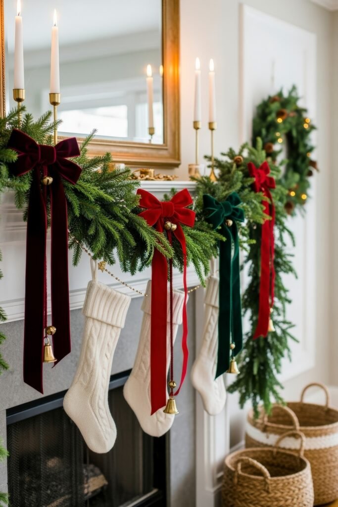 Traditional holiday mantle with lush greenery, red and green velvet bows, white knit stockings, and tall gold candlesticks.