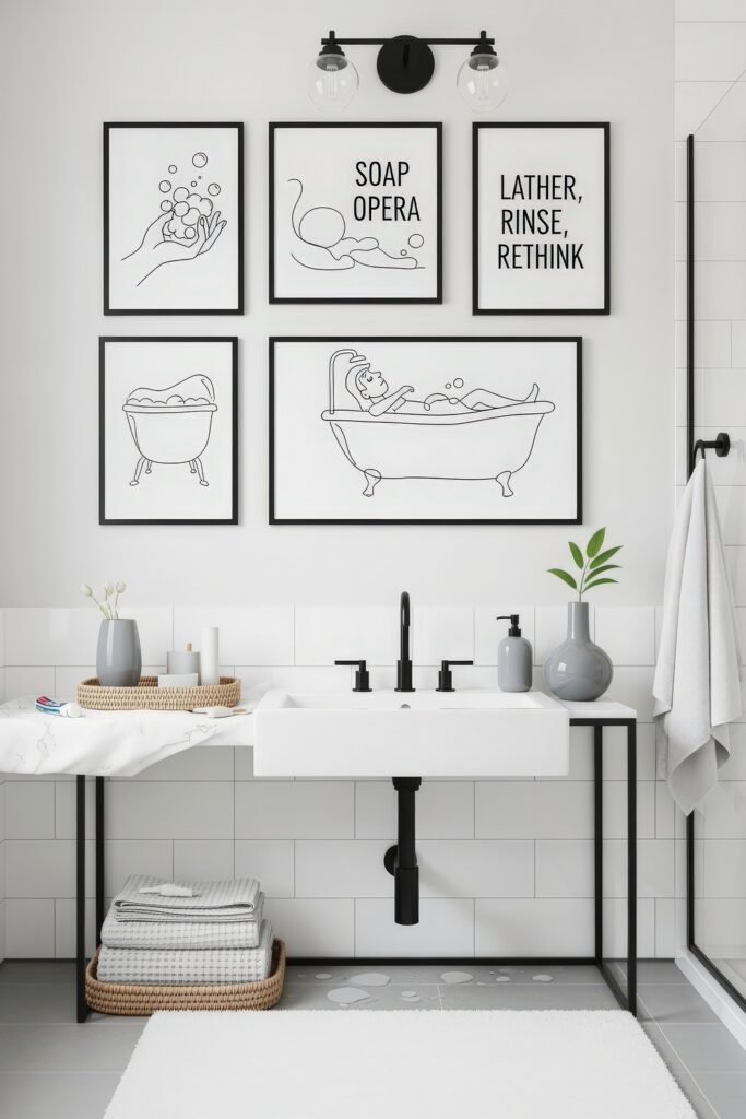 Small Changes, Big Smiles with funny bathroom decor 4 Minimalist bathroom decor with black-and-white framed line art of bathtubs and bubbles adding a playful, funny bathroom decor touch.