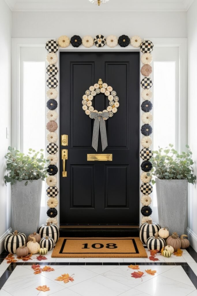 Warm, Modern Thanksgiving Door Decorations to Welcome Fall 3 Black door framed with patterned pumpkins and a matching pumpkin wreath with striped ribbon, complemented by striped and neutral pumpkins on the floor for playful thanksgiving door decorations.