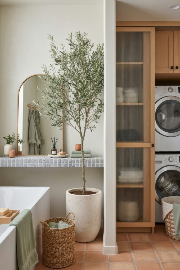 Stylish Small Spaces: Bathroom Laundry Combo 5 Bathroom with earthy tones, a large potted plant, mosaic vanity counter, and stacked washer and dryer partially hidden behind a sliding cabinet door.