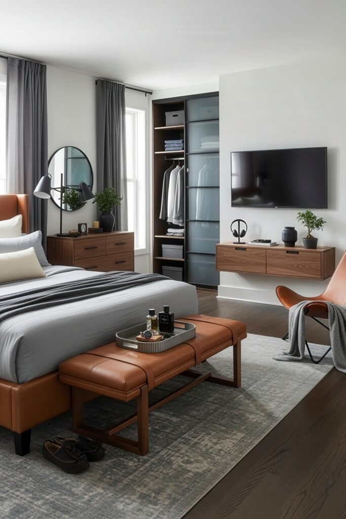 Effortlessly Stylish bedroom ideas for men That Feel Personal 6 Bright and modern bedroom blending rich leather and wood textures, gray linens, and a wall-mounted TV, balancing comfort and style for a mature aesthetic.