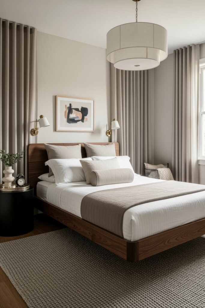 Elegant bedroom with a wood frame bed, layered beige bedding, and modern lighting against tall curtains.