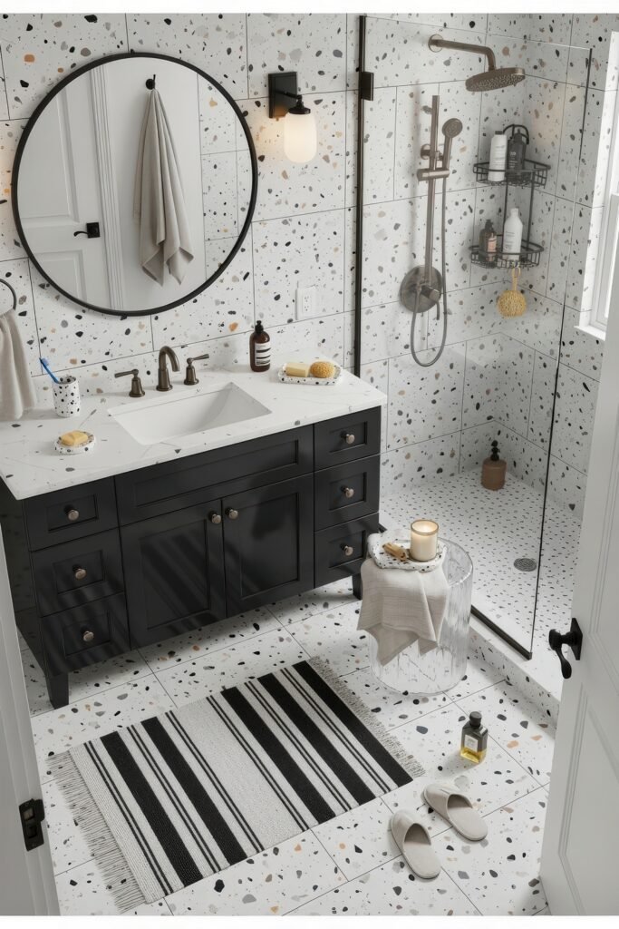 Fresh Ideas for Black and White Bathroom Decor 6 Contemporary bathroom with terrazzo tiles, a glass shower, black vanity, and striped black-and-white rug, blending playful texture with black and white bathroom decor.