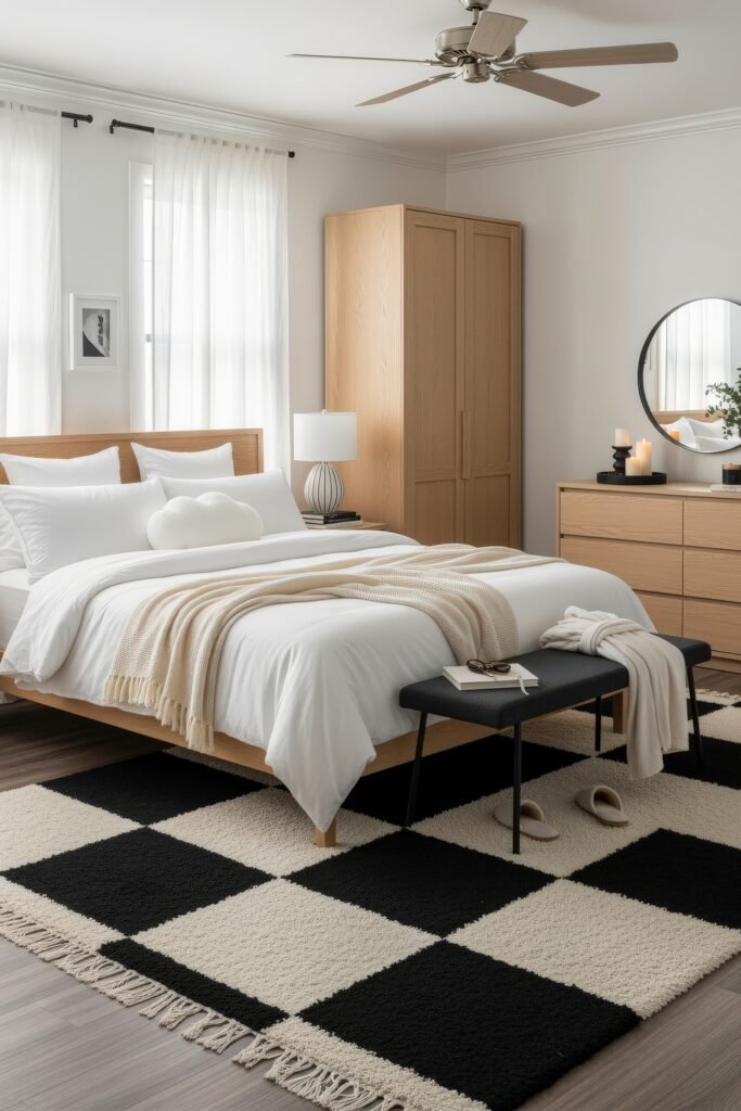 Scandinavian-inspired bedroom with a pale wood bed, white bedding, and a bold black-and-white checkered rug, styled with soft throws and candles.