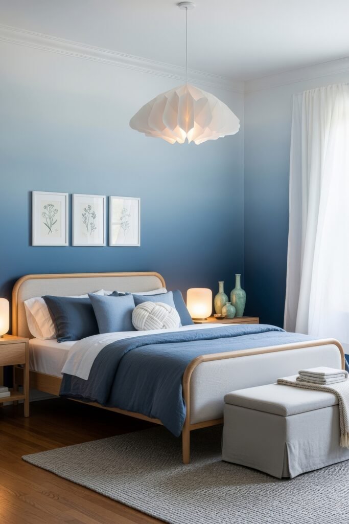 Fresh blue bedroom ideas for a calm, chic retreat 6 Contemporary bedroom with a gradient blue accent wall, modern pendant light, minimalist wood bed, and blue layered bedding.