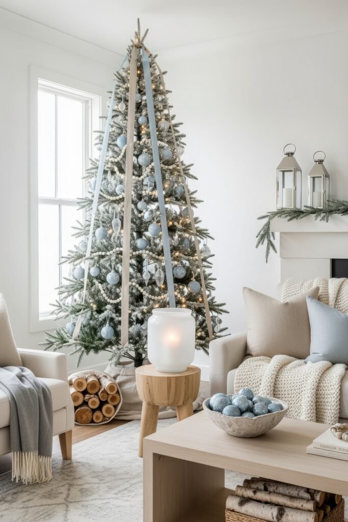 Cozy Holiday Magic With Blue Christmas Décor 6 Soft-toned living space with a frosted Christmas tree decorated in pale blue ornaments and ribbon, accented by knit throws and light wood furniture for a serene cozy Christmas décor.