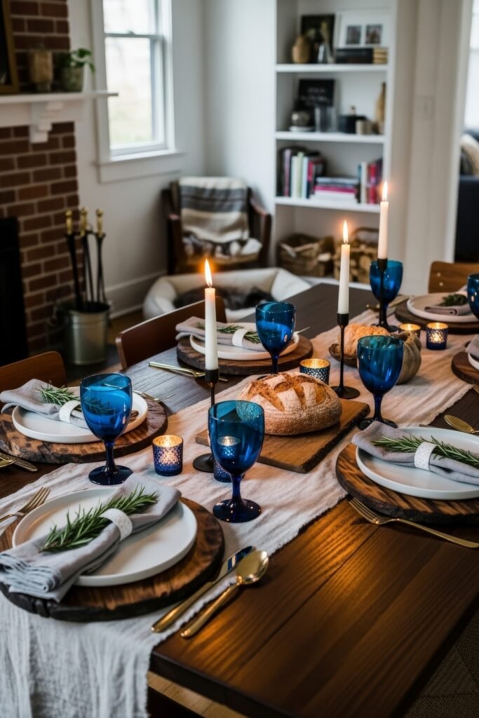 Fresh Ways to Style Blue Thanksgiving Table Décor 6 Cozy table setting with blue goblets, rustic bread loaves, candles, and sprigs of rosemary on neutral linens.