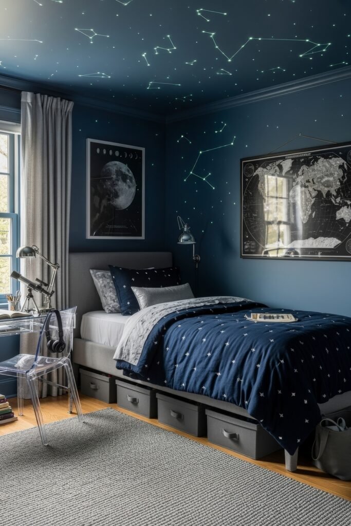 Breezy, Stylish Boys Bedroom Ideas for Modern Families 5 Navy and silver boys bedroom with a stargazing theme, featuring constellation decals on the ceiling, moon and map posters, and a sleek acrylic desk setup with storage bins under the bed.