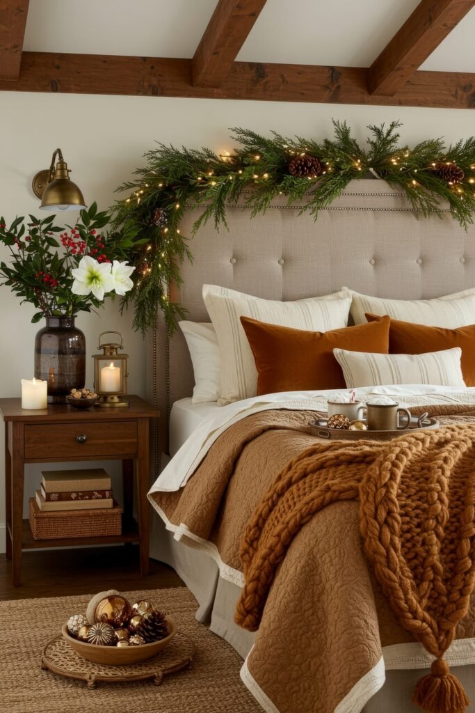 Elevate Your Bedroom with Cozy Christmas Bedding 5 Neutral bed with caramel bedding, knit throw, and velvet pillows, styled with candles, flowers, and greenery for inviting cozy Christmas décor.