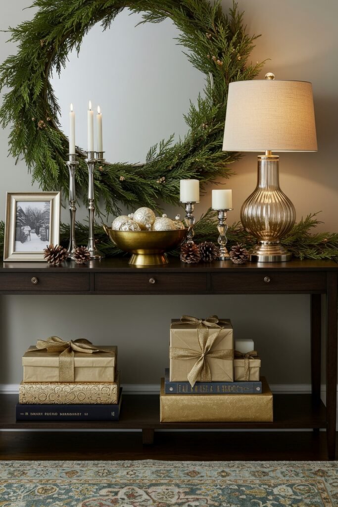 Cozy Christmas Décor for a christmas entryway 6 A sophisticated console table vignette with metallic accents, including a gold lamp, candlesticks, wrapped gifts, and a large greenery wreath hanging on the wall.