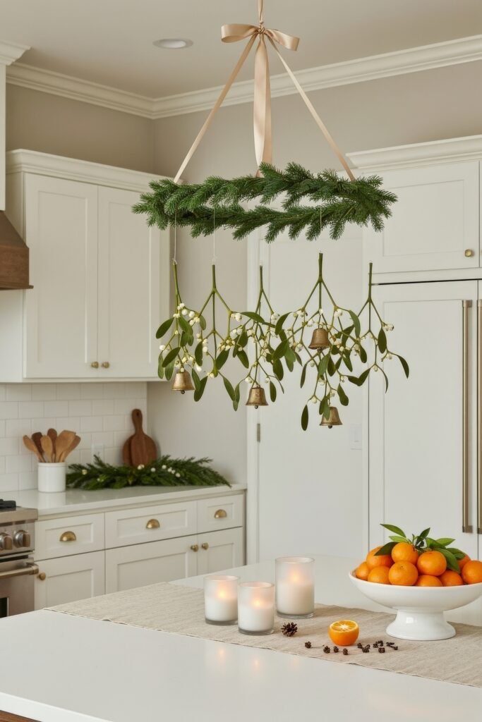 Cozy Ways to Style a Christmas Kitchen That Feels Magical 4 Elegant Christmas kitchen island featuring a suspended evergreen wreath with mistletoe and brass bells, surrounded by candles and a bowl of fresh oranges with cloves.